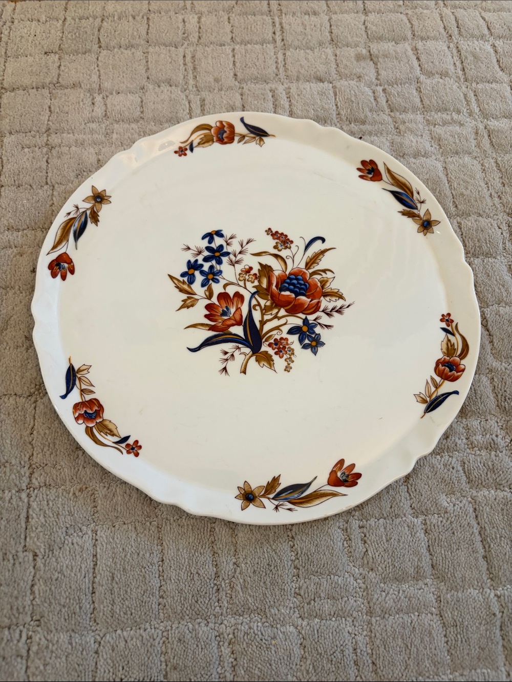 Decorative Floral Serving Plate - White with Blue & Orange Pattern